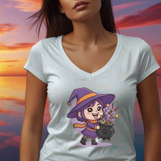Camiseta Bruxa Fofa com Doce - Design Fofo de Halloween (Criador carregado)