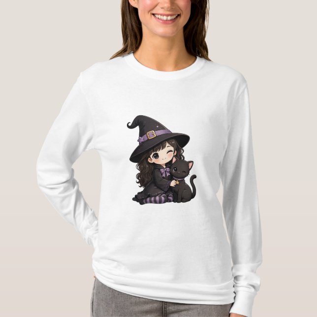 Camiseta Bruxa fofa e gato preto  (Frente)