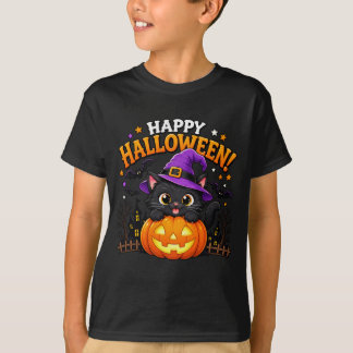 Camiseta Bruxa Fofa Gato Preto Abóbora Feliz Halloween 