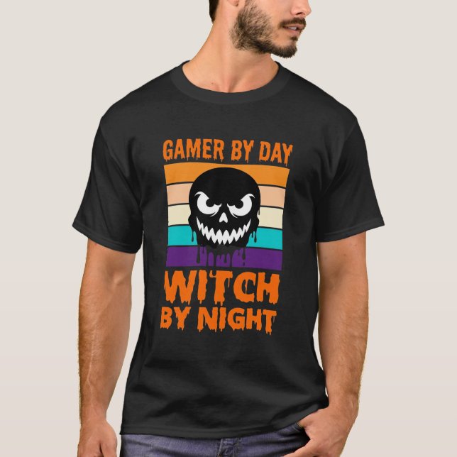Camiseta Bruxa Gamer Halloween Crânio Retro (Frente)