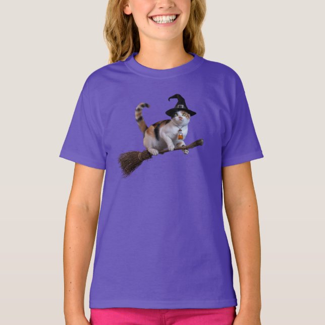 Camiseta Bruxa Gata Calico Divertida para Crianças (Frente)