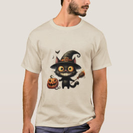 Camiseta Bruxa Gata de Halloween Engraçada com Vassoura Mág