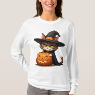 Camiseta Bruxa Gata Mal-Humorada Com Abóbora Diversão De Ha