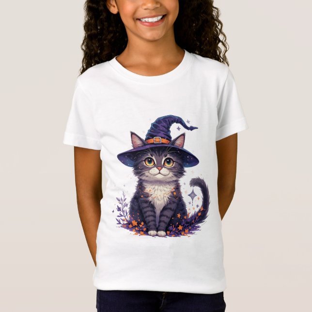 Camiseta Bruxa Gatinha Fofa Com Estrelas E Folhas de Outono (Frente)