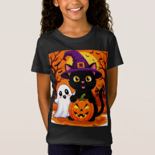 Camiseta Bruxa Gatinha Fofa Com Fantasma e Abóbora à Noite