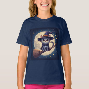 Camiseta Bruxa Gatinha Fofa Voando na Noite de Lua Cheia 🎃