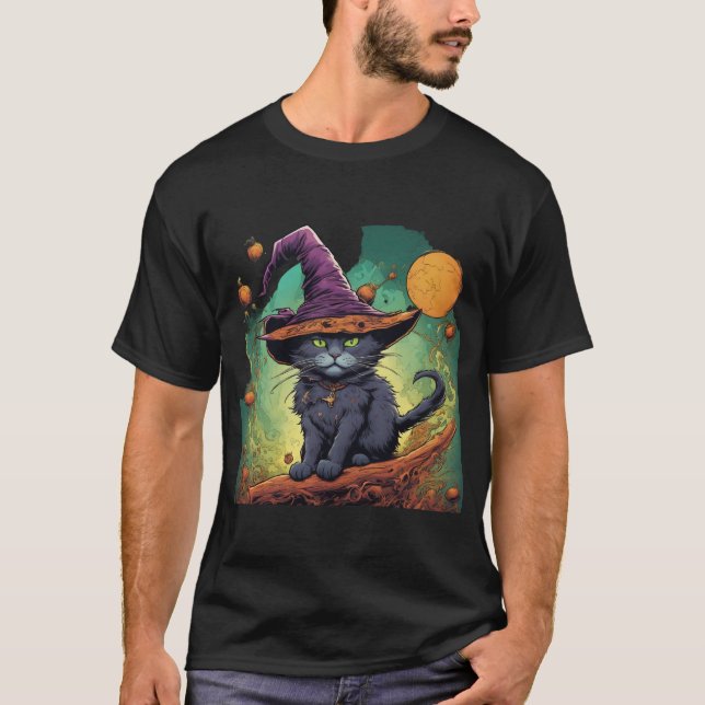 Camiseta Bruxa Gato Mística de Halloween  (Frente)