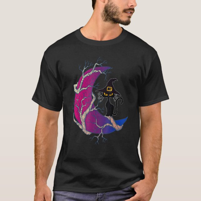 Camiseta Bruxa Gato Preto & Bandeira da Bissexualidade Lua  (Frente)