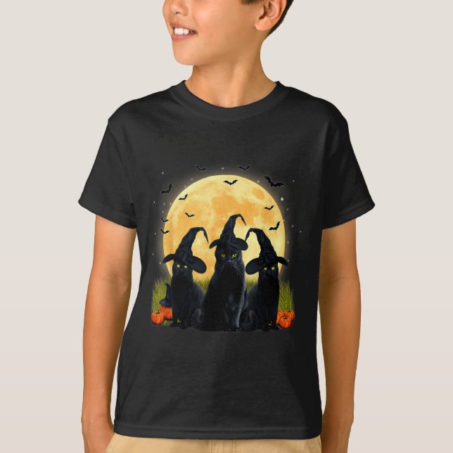Camiseta Bruxa Gato Preto E Abóbora De Lua Cheia No Hallowe (Frente)