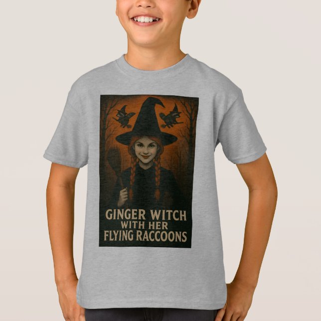 Camiseta Bruxa Ginger com seus guaxinins voadores (Frente)