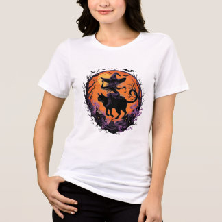 Camiseta Bruxa Gótica Gato Preto Halloween Lua
