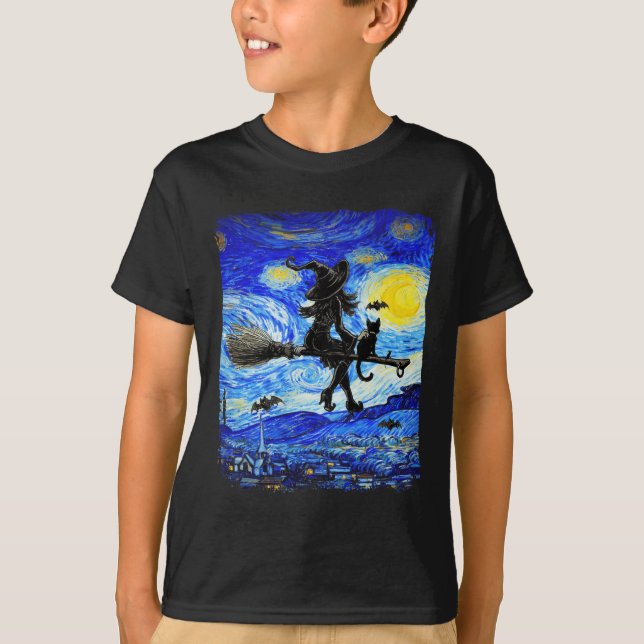 Camiseta Bruxa Halloween Starry Night Van Gogh Aestética Pa (Frente)