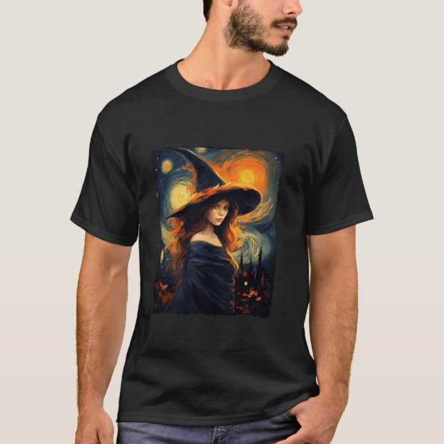 Camiseta Bruxa Halloween Starry Night Van Gogh Aestética Pa (Frente)