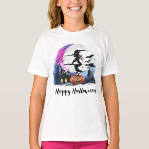 Camiseta Bruxa Halloween Voando Sobre Casa Assombrada