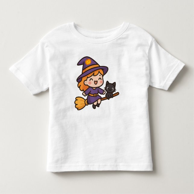 Camiseta Bruxa Kawaii Fofa e Desenho de Halloween de Gato (Frente)
