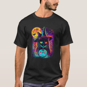 Camiseta Bruxa Mágica Gata de Halloween Lua Cheia Abóbora