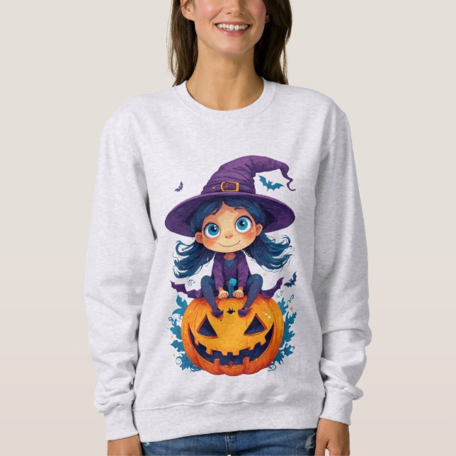 Camiseta Bruxa Menina Fofa com Abóboras e Morcegos (Frente)