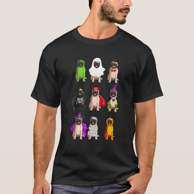 Camiseta Bruxa Monstro Esqueleto Fantasma Pug Cão Halloween (Frente)