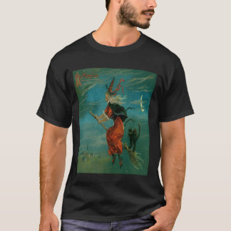 Camiseta Bruxa Montando uma Vassoura com um Gato Preto Vint