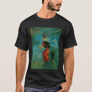 Camiseta Bruxa Montando uma Vassoura com um Gato Preto Vint