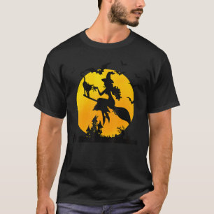 Camiseta Bruxa na Lua de Vassoura Gato e Morcegos Halloween