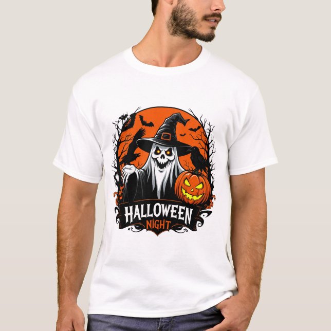 Camiseta Bruxa Negra Com Corvo E Abóbora De Halloween 🌙 (Frente)