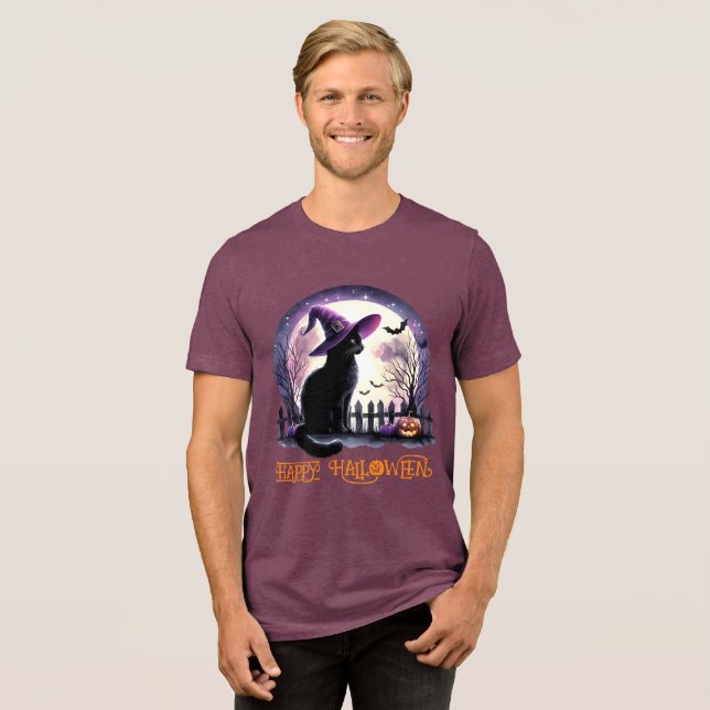 Camiseta Bruxa Negra de Gato e Morcegos do Halloween (Frente Completa)