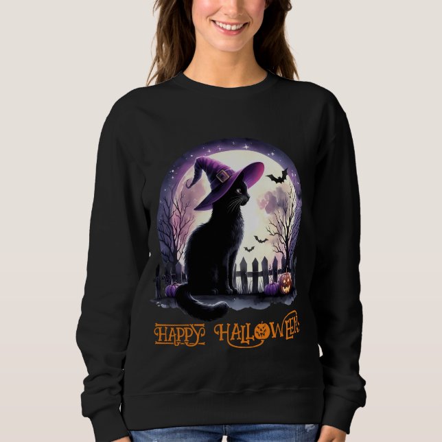Camiseta Bruxa Negra de Gato e Morcegos do Halloween (Frente)