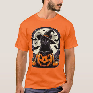 Camiseta Bruxa Negra de Gato no Desenho de Halloween Jack-o