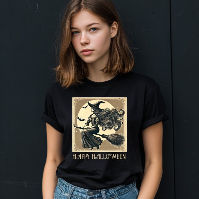 Camiseta Bruxa Negra, Elegante na Broom, Vintage Halloween (Criador carregado)