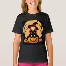 Camiseta Bruxa no Halloween se fixando com abóboras