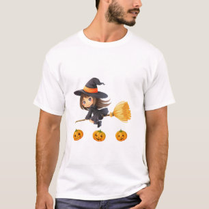 Camiseta Bruxa Pequenina Voando de Vassoura Feliz Halloween