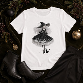Camiseta Bruxa Preta Elegante – Arte em Aquarela Gótica