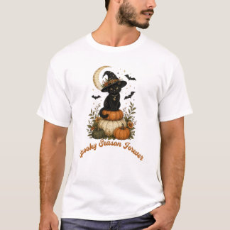 Camiseta Bruxa Retro Gato Preto Temporada Assustadora Para