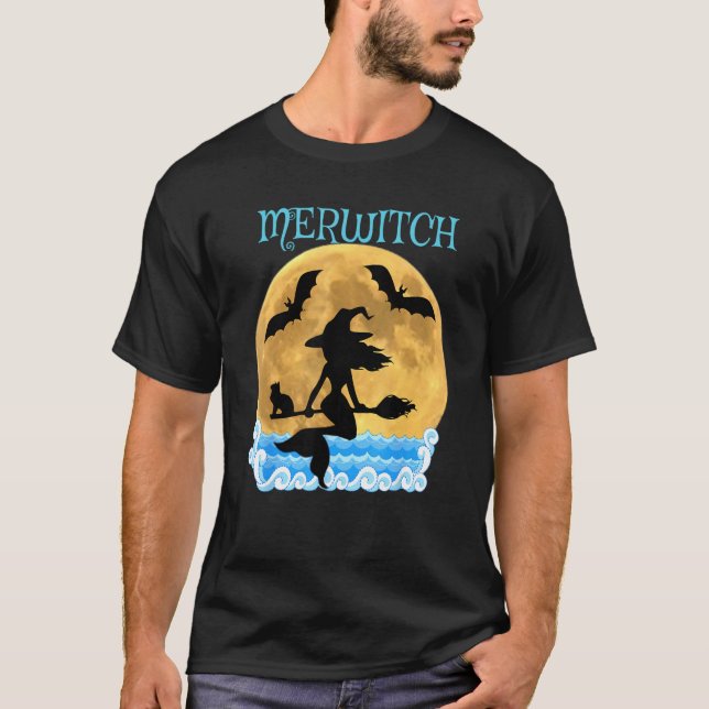Camiseta Bruxa Sereia Voadora Merwitch Vassoura Morcegos pr (Frente)