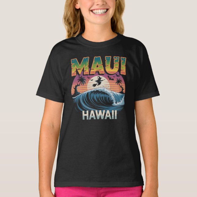 Camiseta Bruxa Surfando no Broom Maui Hawaii Halloween (Frente)