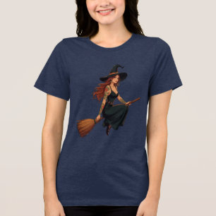 Camiseta Bruxa Tatuada Sentada Sobre um Besom Arte Vetorial