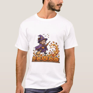 Camiseta Bruxa Varrendo Folhas de Outono Arte de Halloween