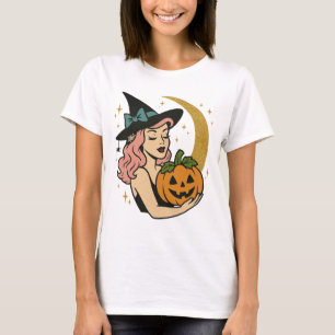 Camiseta Bruxa Vintage com Abóbora Halloween