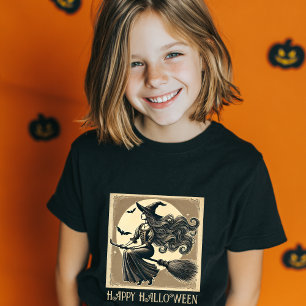 Camiseta Bruxa Vintage em Vassoura Lua Cheia e Morcegos Dia