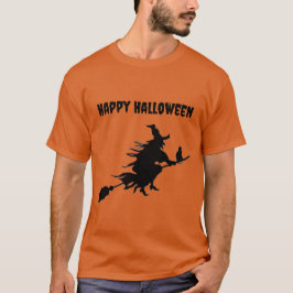 Camiseta Bruxa Voadora Clássica na Broom com Cat Halloween
