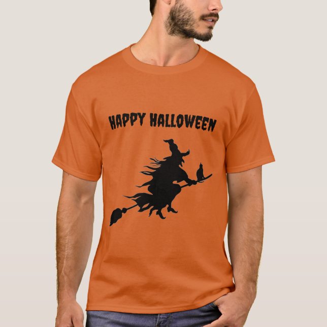 Camiseta Bruxa Voadora Clássica na Broom com Cat Halloween (Frente)