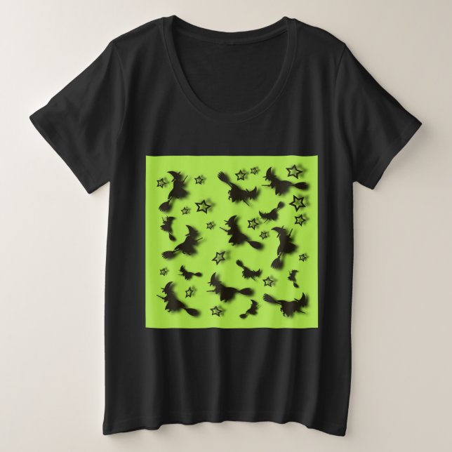 Camiseta bruxa voadora entre as estrelas na noite de Hallow (Frente do Design)