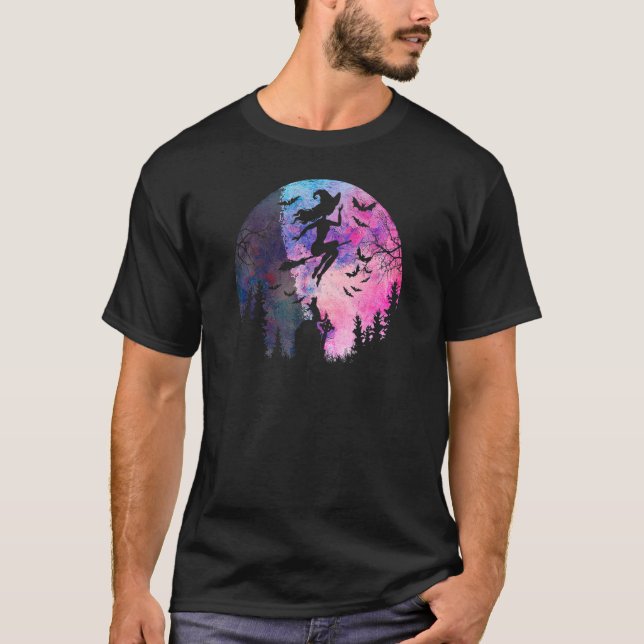 Camiseta Bruxa Voadora Frequente de Halloween Lua Cheia Ca (Frente)