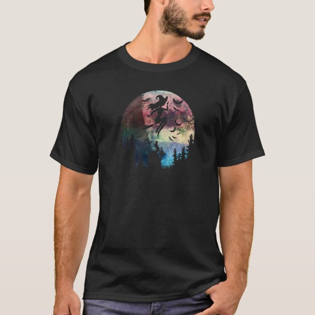 Camiseta Bruxa Voadora Frequente de Halloween Lua Cheia Ca (Frente)