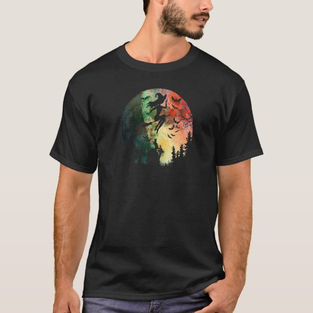 Camiseta Bruxa Voadora Frequente de Halloween Lua Cheia Ca (Frente)