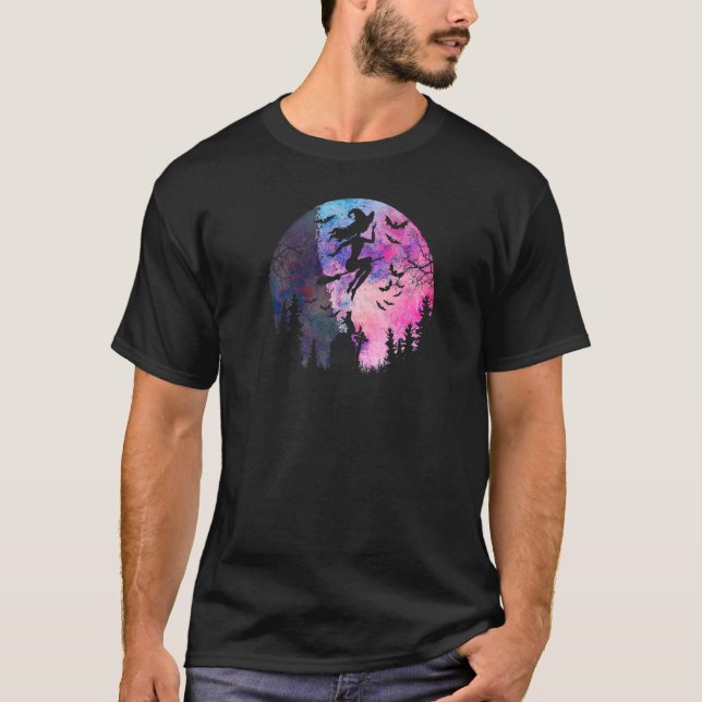 Camiseta Bruxa Voadora Frequente de Halloween Lua Cheia Ca (Frente)