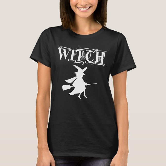 Camiseta Bruxa Voadora Malvada Preta de Halloween (Frente)