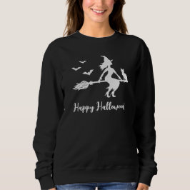 Camiseta Bruxa Voadora Silhueta Com Gato & Morcegos Hallowe