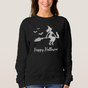 Camiseta Bruxa Voadora Silhueta Com Gato & Morcegos Hallowe